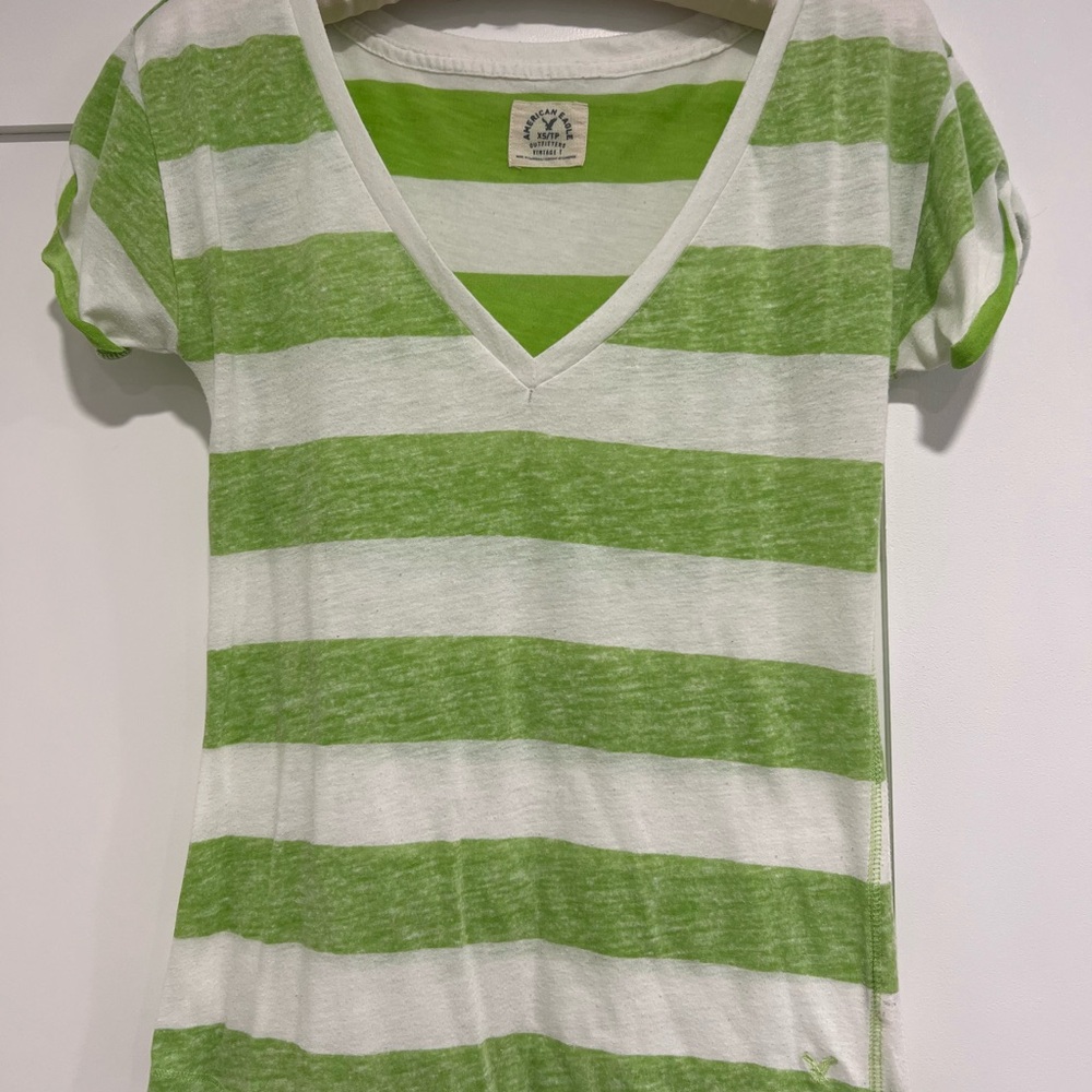 American Eagle Outfitters Green & White Striped V-Neck Tee